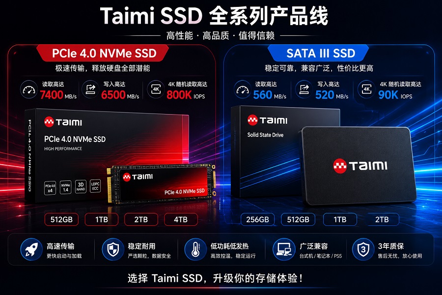 Taimi SSD 全系列产品线展示图，包括 PCIe 4.0 NVMe SSD 与 2.5英寸 SATA SSD，展示读写速度、容量与产品包装