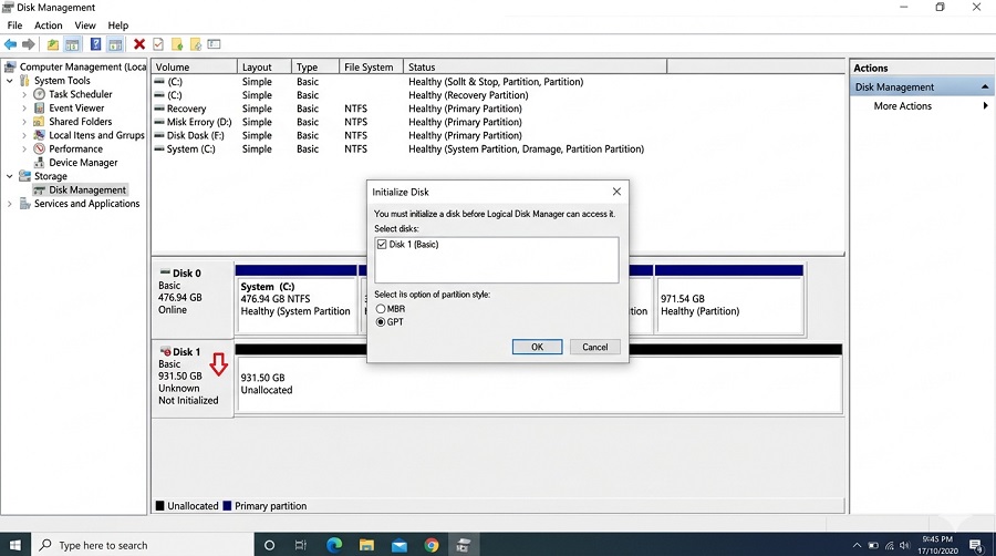 Windows磁盘管理中新SSD显示未初始化和未分配空间的界面截图
